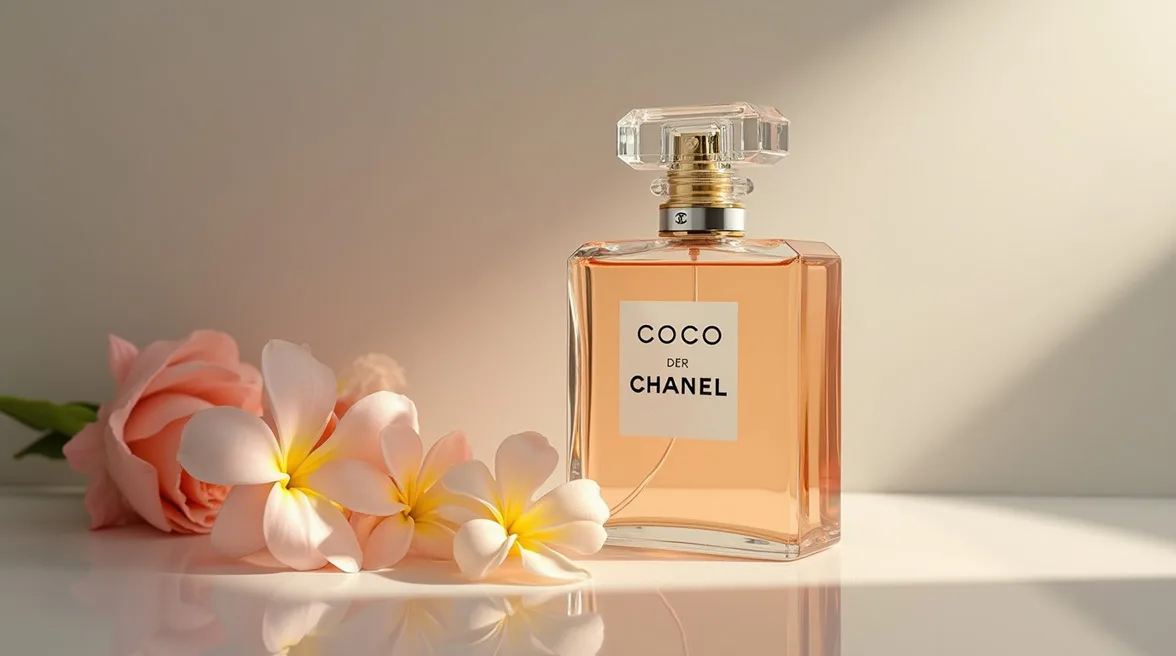 بطری عطر کوکو شنل با گل‌های رز و نور طبیعی