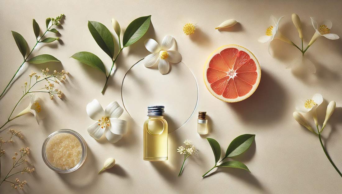 تصویر-مینیمال-از-برشی-از-میوه-مرکبات،-یک-گل-ساده،-و-یک-شیشه-کوچک-روغن-اسانس-روی-زمینه‌ای-با-رنگ‌های-خنثی
