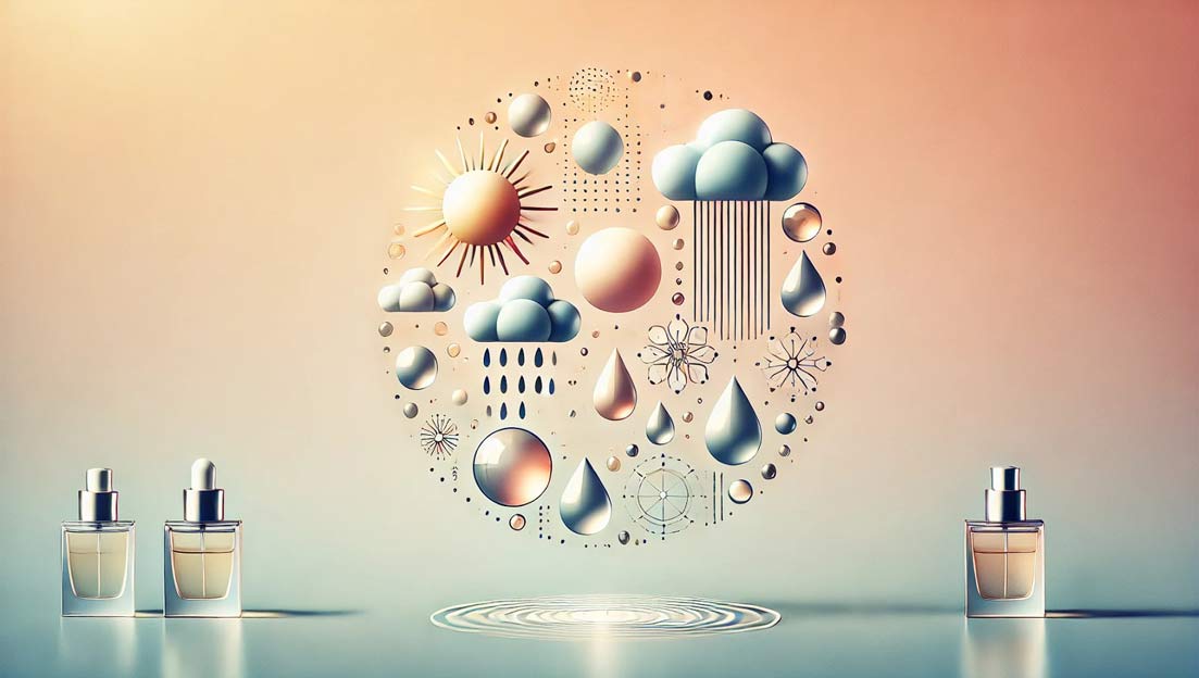 تصویر-مینیمال-از-خورشید،-ابرها،-و-قطرات-باران-برای-نشان-دادن-تأثیر-آب‌وهوا-بر-عطرها