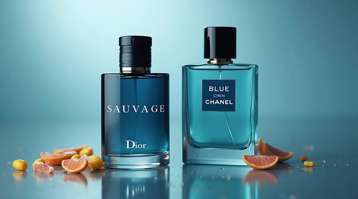 عکسی-از-عطرهای-Sauvage-Dior-و-Bleu-de-Chanel-با-پس‌زمینه-آبی-و-برش‌های-مرکبات